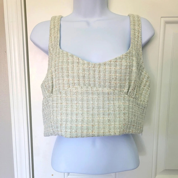 NWOT Zara Green Cream Tan Tweed Textured Side Zip Cropped Tank Top L - Picture 1 of 9